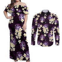 Purple Tropical Hawaii Couples Matching Off Shoulder Maxi Dress and Long Sleeve Button Shirt Seamless Monstera Plumeria Hawaiian Pattern LT14 Purple - Polynesian Pride