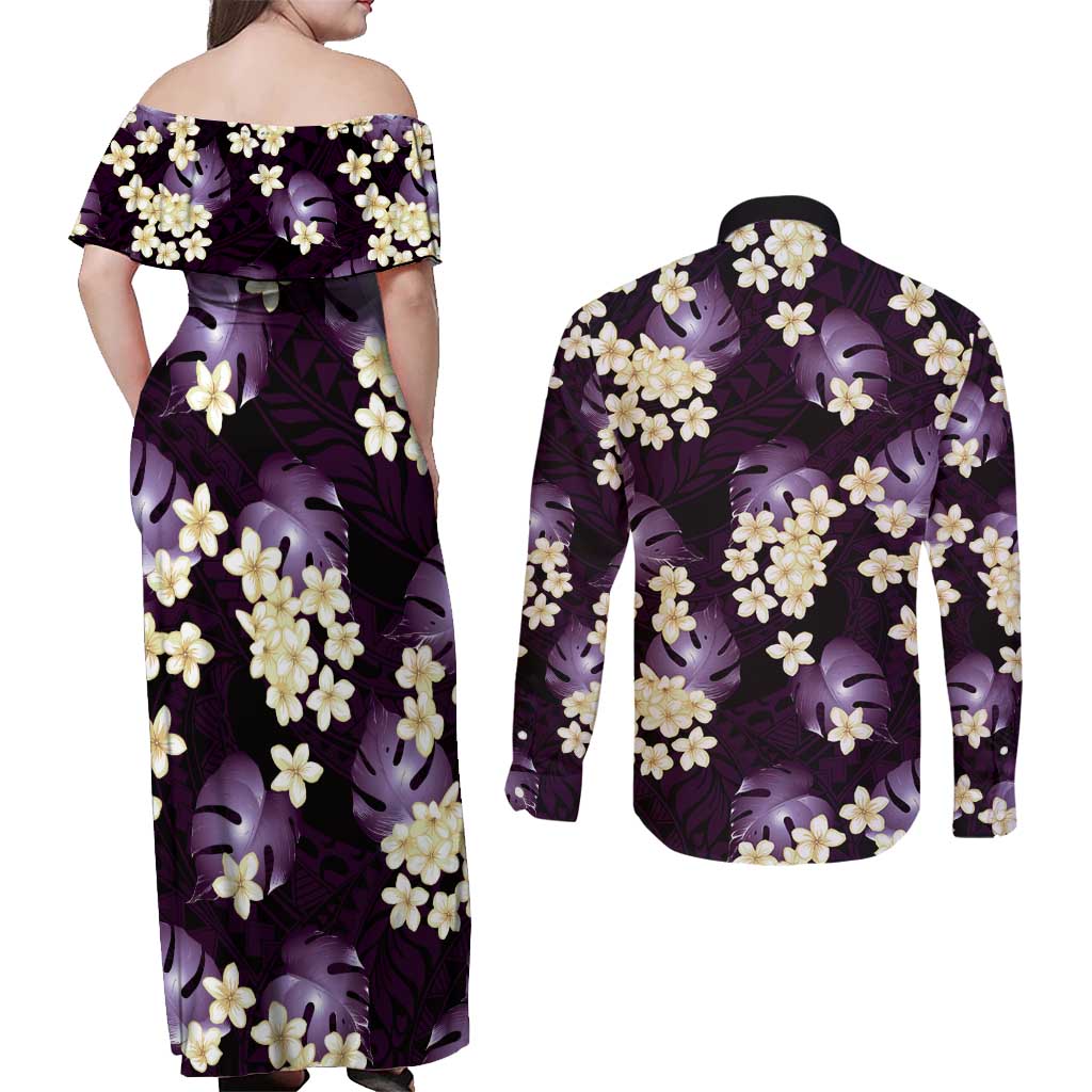 Purple Tropical Hawaii Couples Matching Off Shoulder Maxi Dress and Long Sleeve Button Shirt Seamless Monstera Plumeria Hawaiian Pattern LT14 - Polynesian Pride