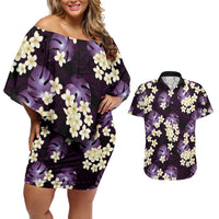 Purple Tropical Hawaii Couples Matching Off Shoulder Short Dress and Hawaiian Shirt Seamless Monstera Plumeria Hawaiian Pattern LT14 Purple - Polynesian Pride