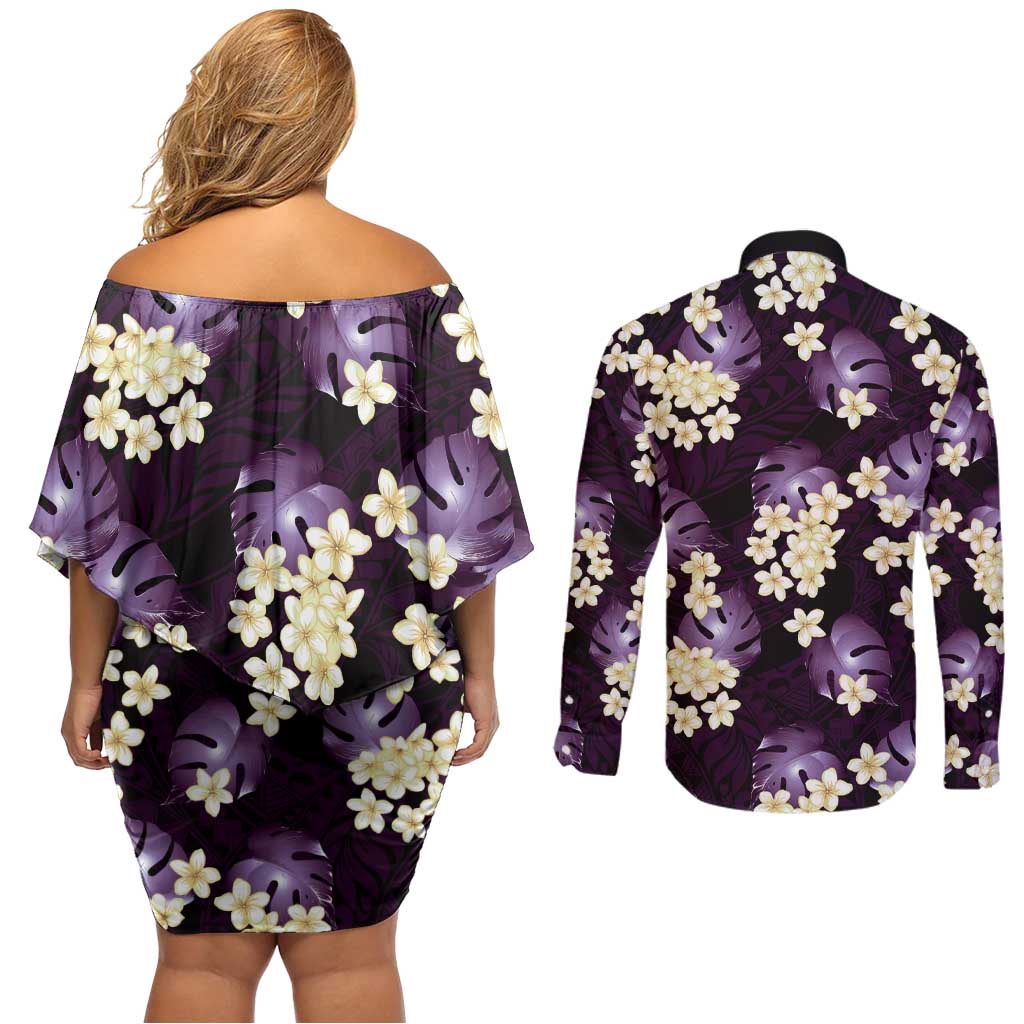 Purple Tropical Hawaii Couples Matching Off Shoulder Short Dress and Long Sleeve Button Shirt Seamless Monstera Plumeria Hawaiian Pattern LT14 - Polynesian Pride