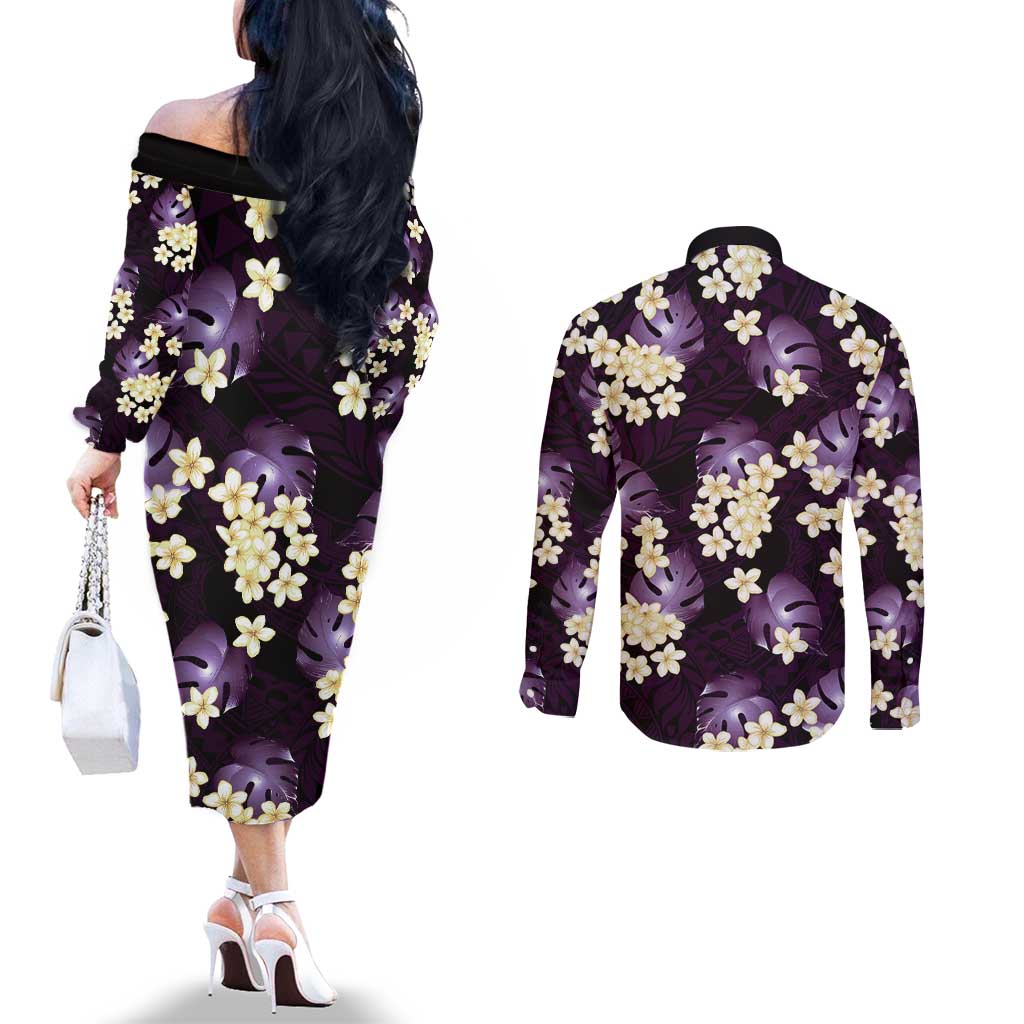 Purple Tropical Hawaii Couples Matching Off The Shoulder Long Sleeve Dress and Long Sleeve Button Shirt Seamless Monstera Plumeria Hawaiian Pattern LT14 - Polynesian Pride