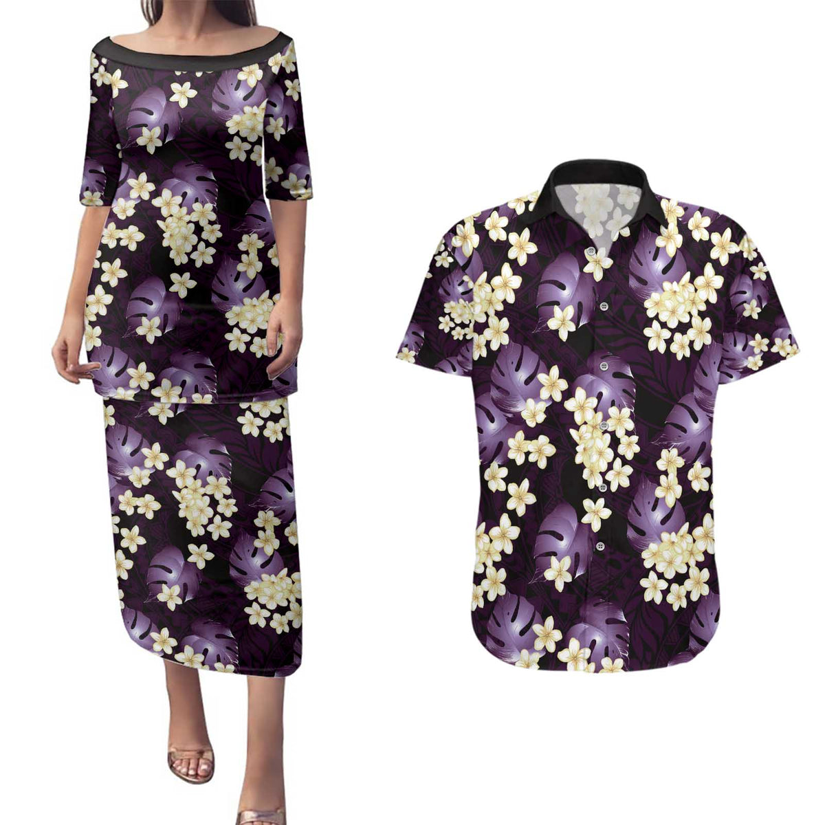 Purple Tropical Hawaii Couples Matching Puletasi and Hawaiian Shirt Seamless Monstera Plumeria Hawaiian Pattern LT14 Purple - Polynesian Pride