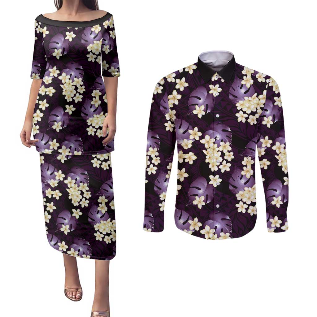 Purple Tropical Hawaii Couples Matching Puletasi and Long Sleeve Button Shirt Seamless Monstera Plumeria Hawaiian Pattern LT14 Purple - Polynesian Pride