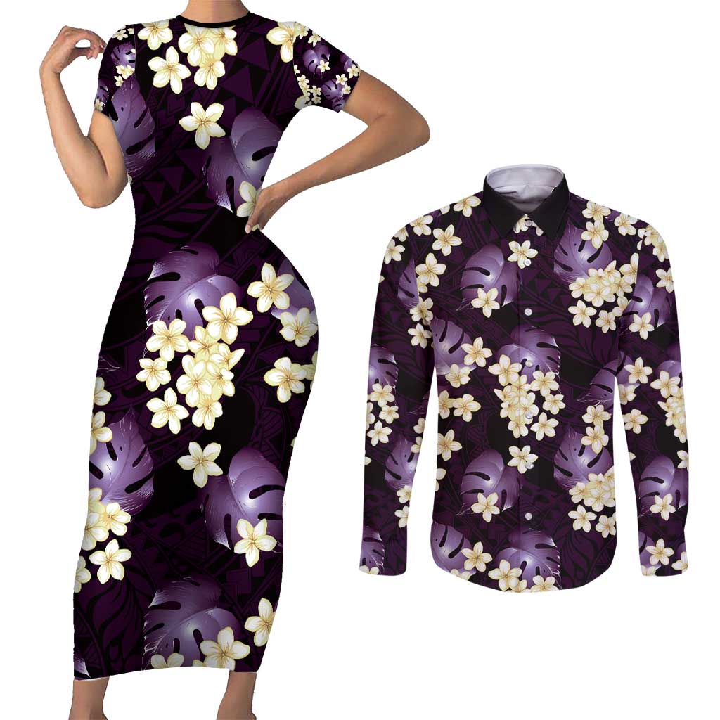 Purple Tropical Hawaii Couples Matching Short Sleeve Bodycon Dress and Long Sleeve Button Shirt Seamless Monstera Plumeria Hawaiian Pattern LT14 Purple - Polynesian Pride