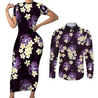 Purple Tropical Hawaii Couples Matching Short Sleeve Bodycon Dress and Long Sleeve Button Shirt Seamless Monstera Plumeria Hawaiian Pattern LT14 Purple - Polynesian Pride