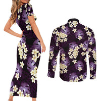 Purple Tropical Hawaii Couples Matching Short Sleeve Bodycon Dress and Long Sleeve Button Shirt Seamless Monstera Plumeria Hawaiian Pattern LT14 - Polynesian Pride