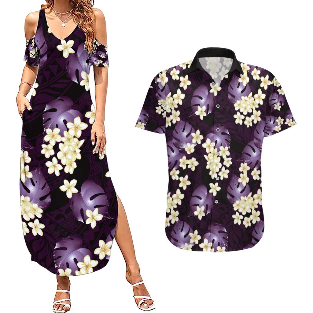 Purple Tropical Hawaii Couples Matching Summer Maxi Dress and Hawaiian Shirt Seamless Monstera Plumeria Hawaiian Pattern LT14 Purple - Polynesian Pride