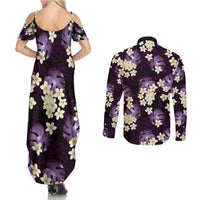 Purple Tropical Hawaii Couples Matching Summer Maxi Dress and Long Sleeve Button Shirt Seamless Monstera Plumeria Hawaiian Pattern LT14 - Polynesian Pride