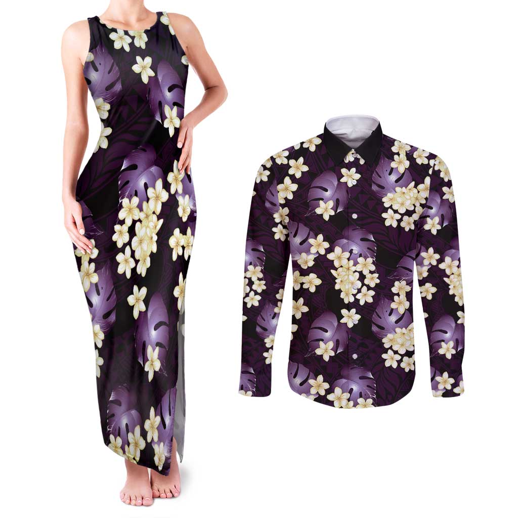 Purple Tropical Hawaii Couples Matching Tank Maxi Dress and Long Sleeve Button Shirt Seamless Monstera Plumeria Hawaiian Pattern LT14 Purple - Polynesian Pride