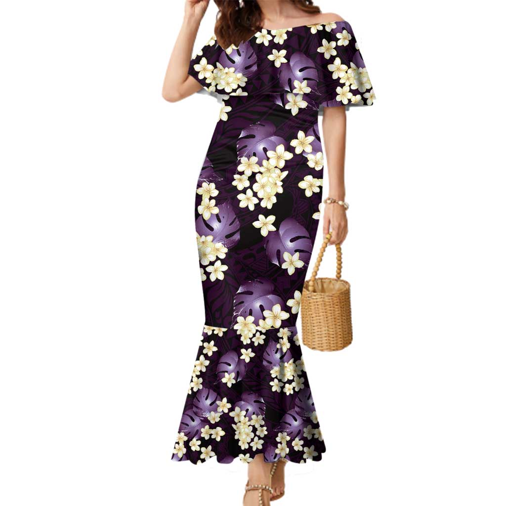 Purple Tropical Hawaii Family Matching Mermaid Dress and Hawaiian Shirt Seamless Monstera Plumeria Hawaiian Pattern LT14 Mom's Dress Purple - Polynesian Pride