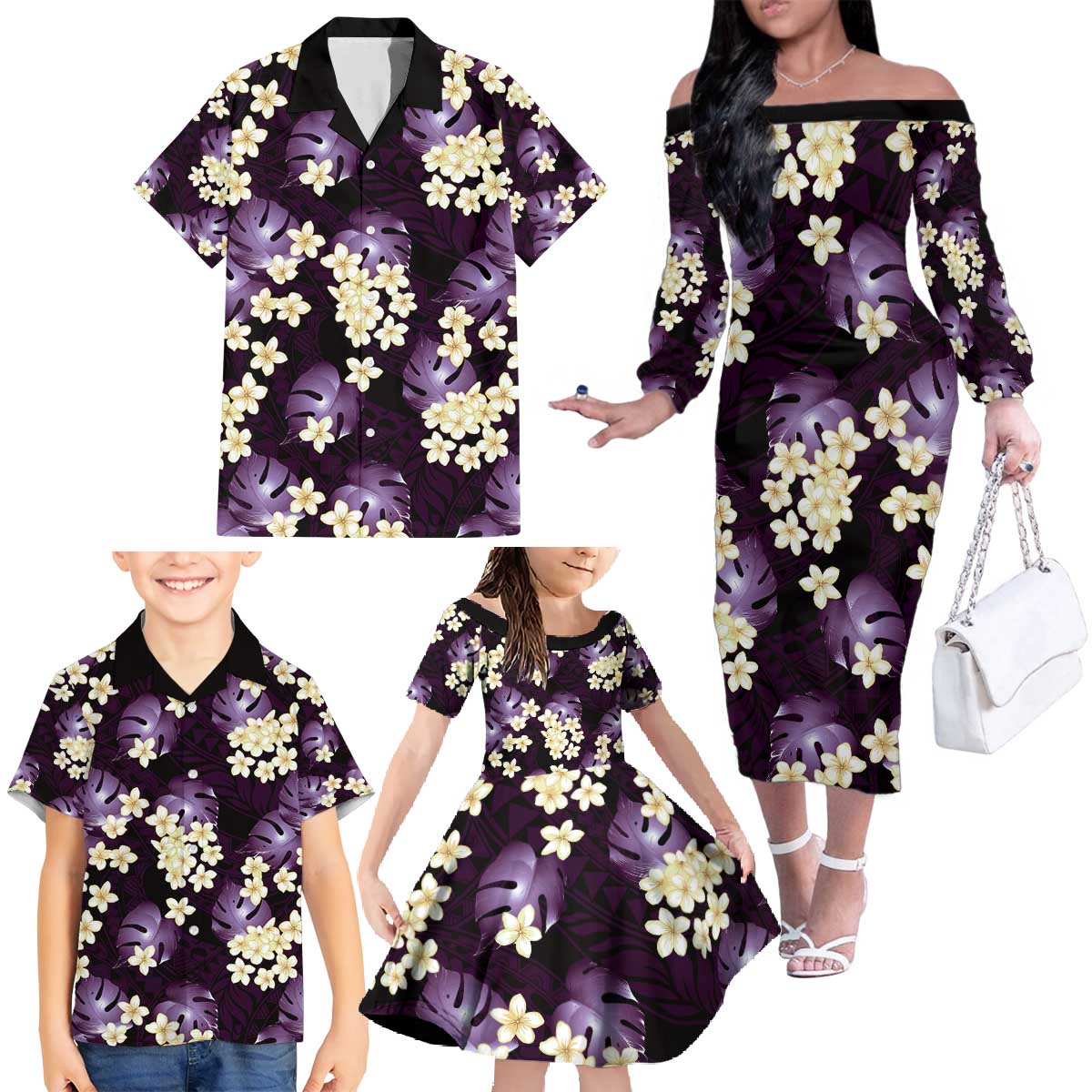 Purple Tropical Hawaii Family Matching Off The Shoulder Long Sleeve Dress and Hawaiian Shirt Seamless Monstera Plumeria Hawaiian Pattern LT14 - Polynesian Pride