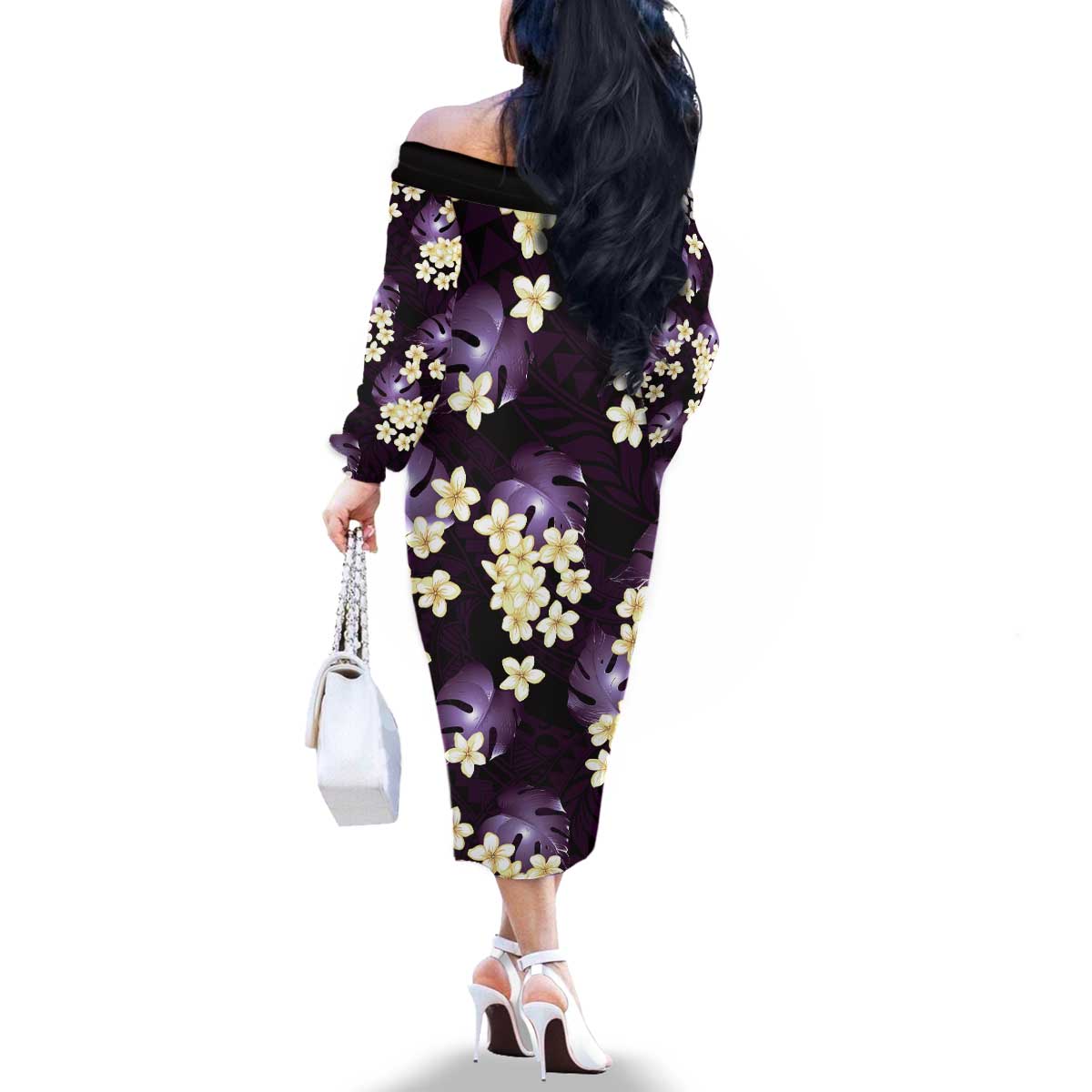 Purple Tropical Hawaii Family Matching Off The Shoulder Long Sleeve Dress and Hawaiian Shirt Seamless Monstera Plumeria Hawaiian Pattern LT14 - Polynesian Pride