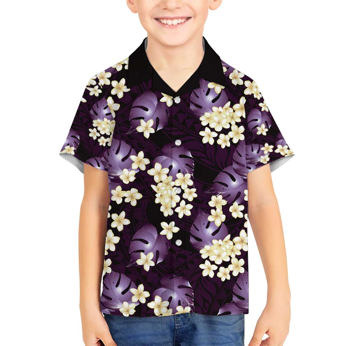 Purple Tropical Hawaii Family Matching Off The Shoulder Long Sleeve Dress and Hawaiian Shirt Seamless Monstera Plumeria Hawaiian Pattern LT14 Son's Shirt Purple - Polynesian Pride