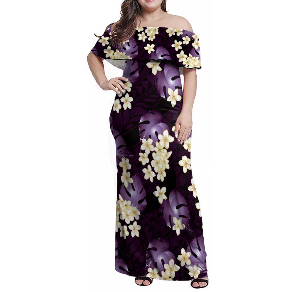 Purple Tropical Hawaii Family Matching Off Shoulder Maxi Dress and Hawaiian Shirt Seamless Monstera Plumeria Hawaiian Pattern LT14 Mom's Dress Purple - Polynesian Pride
