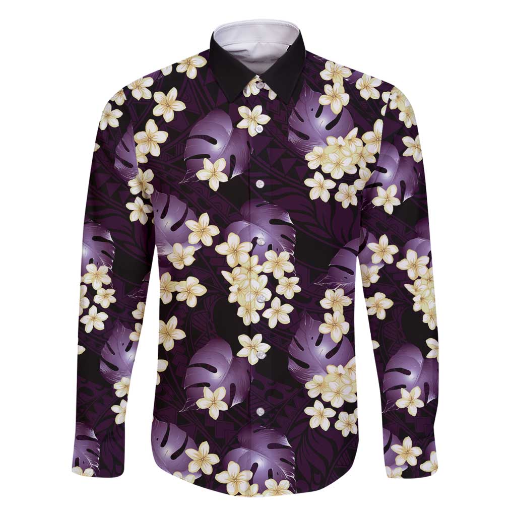 Purple Tropical Hawaii Family Matching Summer Maxi Dress and Hawaiian Shirt Seamless Monstera Plumeria Hawaiian Pattern LT14 Dad's Shirt - Long Sleeve Purple - Polynesian Pride
