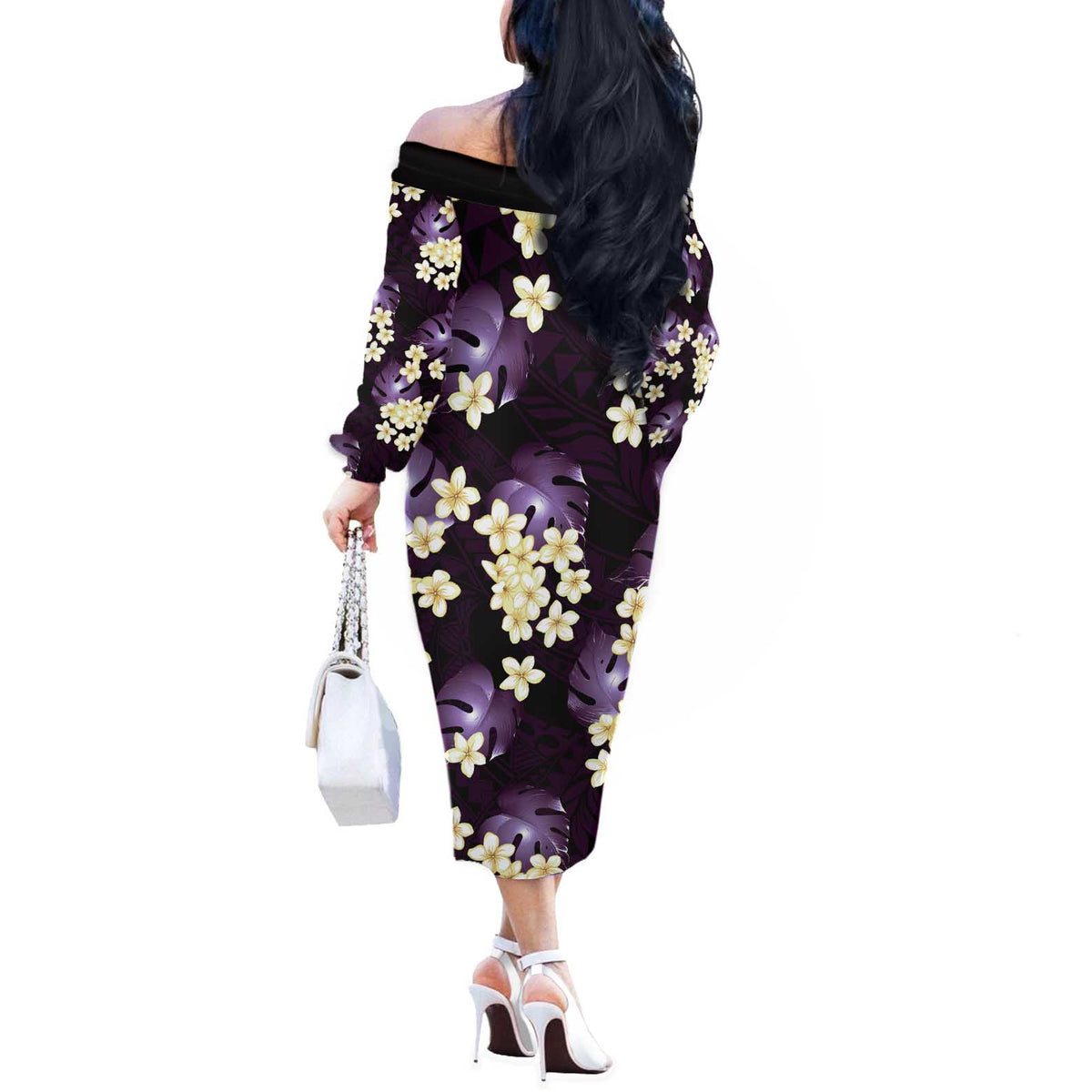 Purple Tropical Hawaii Off The Shoulder Long Sleeve Dress Seamless Monstera Plumeria Hawaiian Pattern - Polynesian Pride