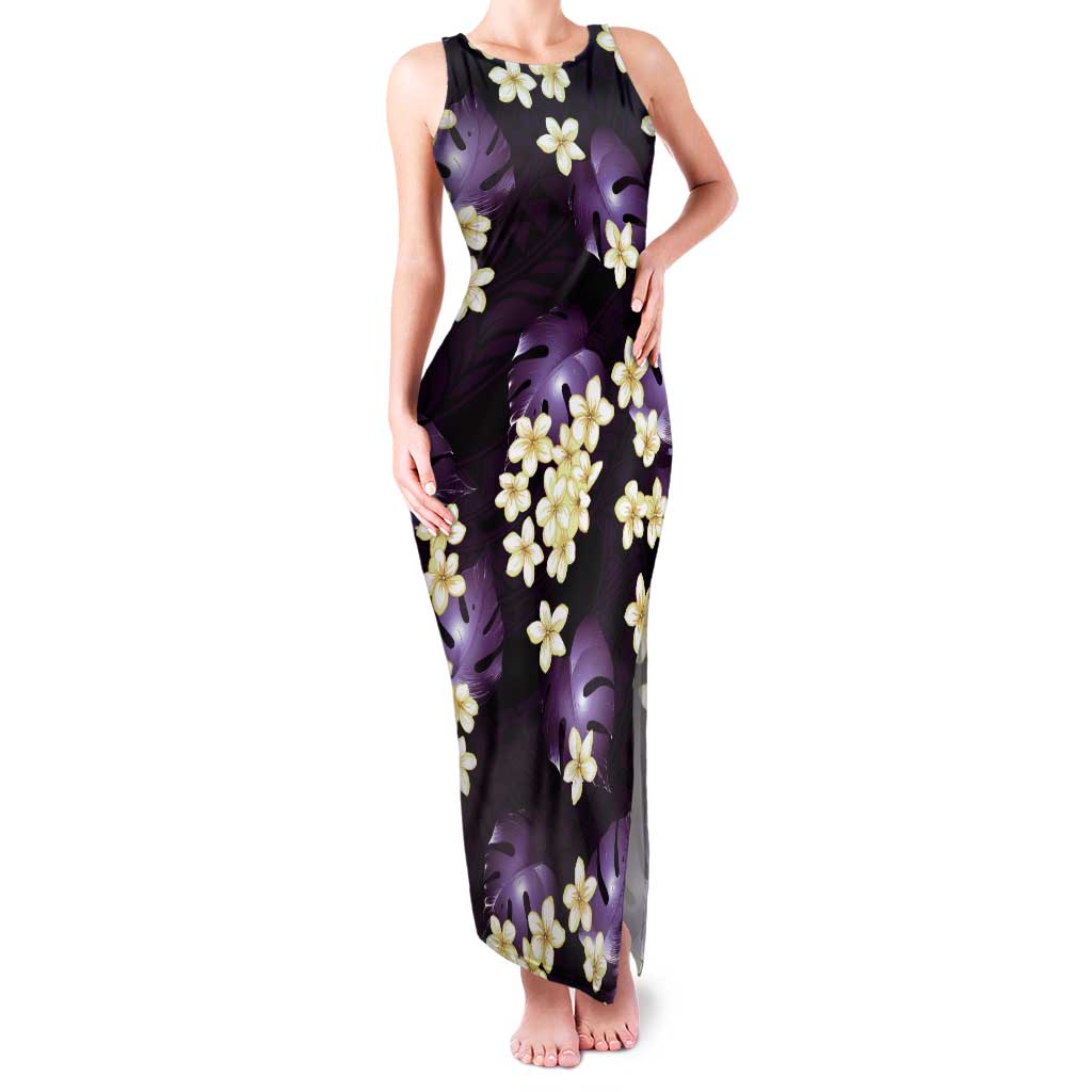 Purple Tropical Hawaii Tank Maxi Dress Seamless Monstera Plumeria Hawaiian Pattern - Polynesian Pride