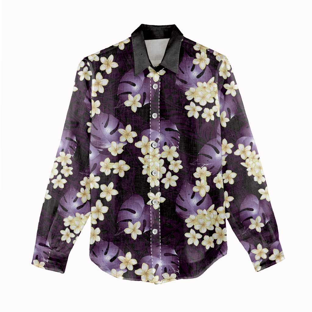 Purple Tropical Hawaii Women Casual Shirt Seamless Monstera Plumeria Hawaiian Pattern - Polynesian Pride