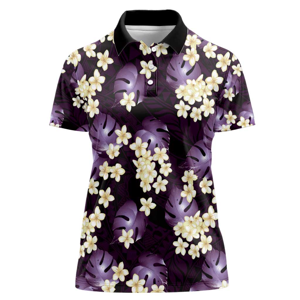 Purple Tropical Hawaii Women Polo Shirt Seamless Monstera Plumeria Hawaiian Pattern - Polynesian Pride