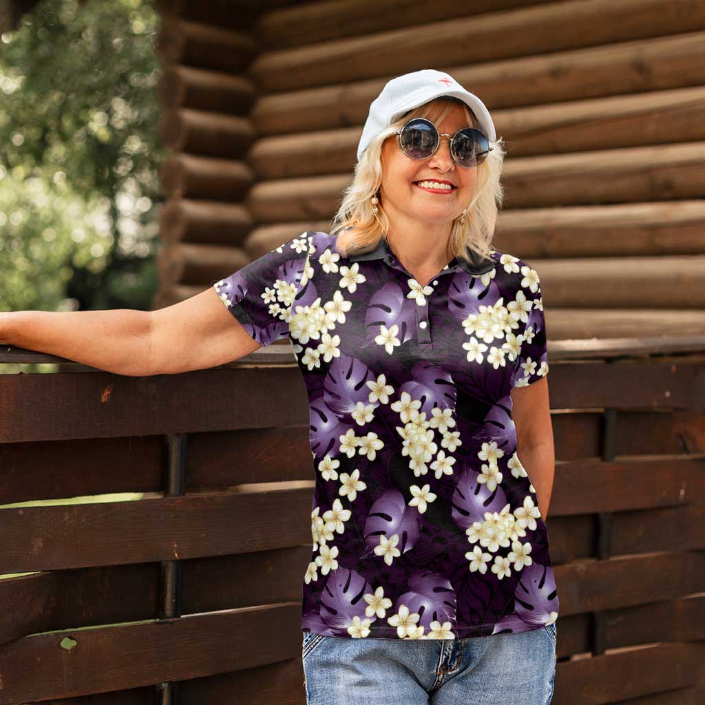 Purple Tropical Hawaii Women Polo Shirt Seamless Monstera Plumeria Hawaiian Pattern - Polynesian Pride