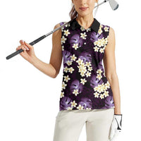 Purple Tropical Hawaii Women Sleeveless Polo Shirt Seamless Monstera Plumeria Hawaiian Pattern LT14 - Polynesian Pride