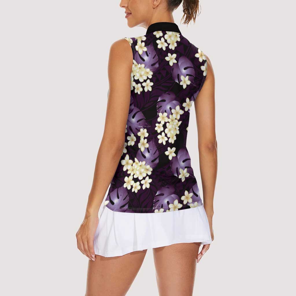 Purple Tropical Hawaii Women Sleeveless Polo Shirt Seamless Monstera Plumeria Hawaiian Pattern LT14 - Polynesian Pride