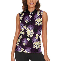 Purple Tropical Hawaii Women Sleeveless Polo Shirt Seamless Monstera Plumeria Hawaiian Pattern LT14 - Polynesian Pride