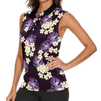 Purple Tropical Hawaii Women Sleeveless Polo Shirt Seamless Monstera Plumeria Hawaiian Pattern LT14 - Polynesian Pride
