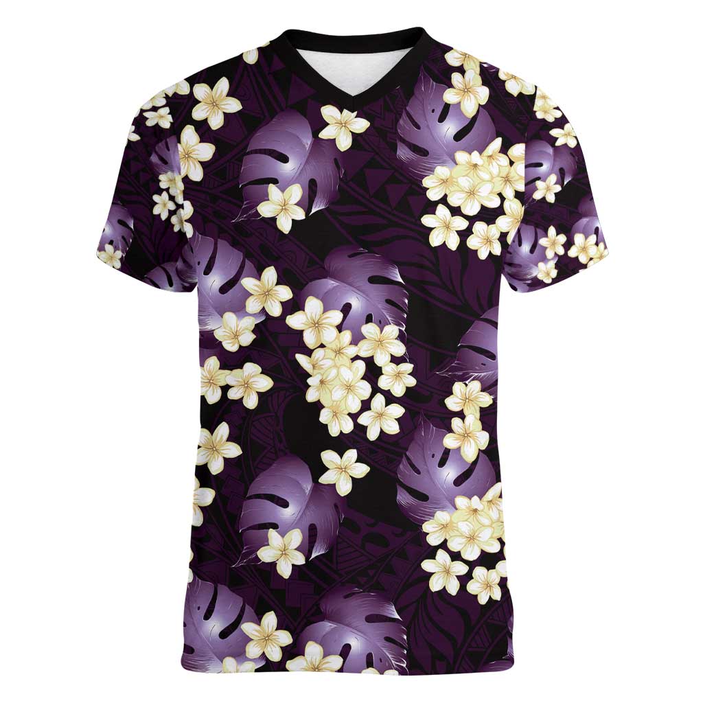 Purple Tropical Hawaii Women V-Neck T-Shirt Seamless Monstera Plumeria Hawaiian Pattern LT14 Female Purple - Polynesian Pride