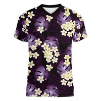 Purple Tropical Hawaii Women V-Neck T-Shirt Seamless Monstera Plumeria Hawaiian Pattern LT14 Female Purple - Polynesian Pride