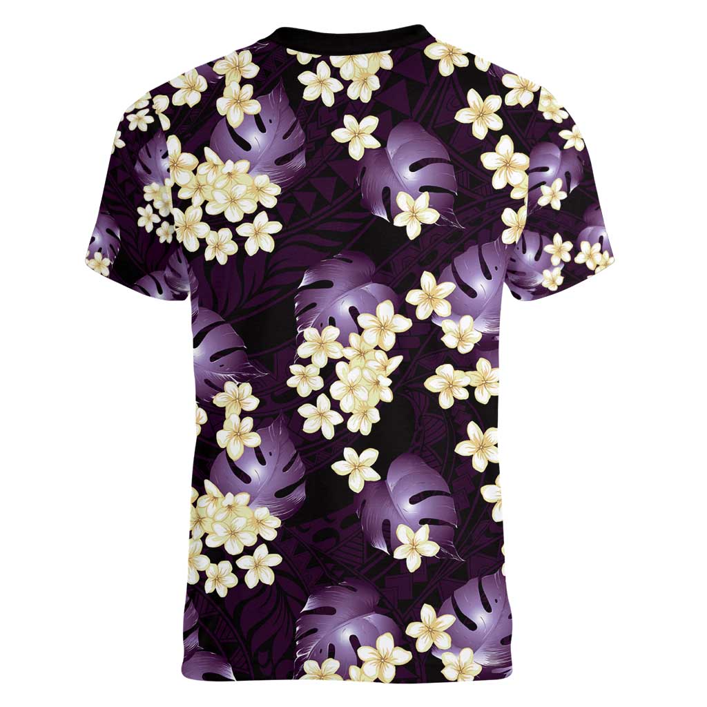 Purple Tropical Hawaii Women V-Neck T-Shirt Seamless Monstera Plumeria Hawaiian Pattern LT14 - Polynesian Pride