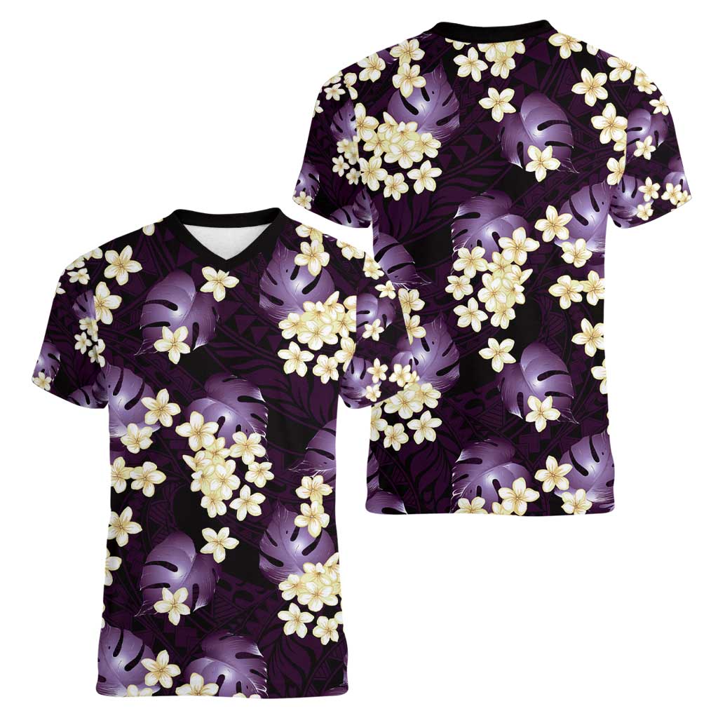 Purple Tropical Hawaii Women V-Neck T-Shirt Seamless Monstera Plumeria Hawaiian Pattern LT14 - Polynesian Pride