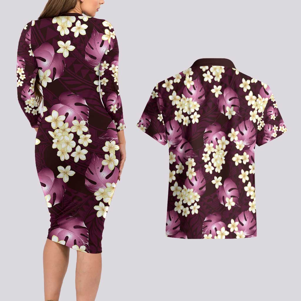 Pink Tropical Hawaii Couples Matching Long Sleeve Bodycon Dress and Hawaiian Shirt Seamless Monstera Plumeria Hawaiian Pattern LT14 - Polynesian Pride