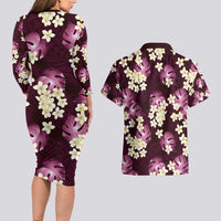 Pink Tropical Hawaii Couples Matching Long Sleeve Bodycon Dress and Hawaiian Shirt Seamless Monstera Plumeria Hawaiian Pattern LT14 - Polynesian Pride