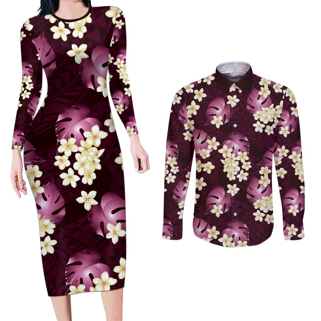 Pink Tropical Hawaii Couples Matching Long Sleeve Bodycon Dress and Long Sleeve Button Shirt Seamless Monstera Plumeria Hawaiian Pattern LT14 Pink - Polynesian Pride