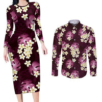 Pink Tropical Hawaii Couples Matching Long Sleeve Bodycon Dress and Long Sleeve Button Shirt Seamless Monstera Plumeria Hawaiian Pattern LT14 Pink - Polynesian Pride