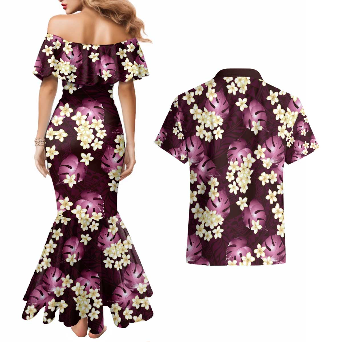 Pink Tropical Hawaii Couples Matching Mermaid Dress and Hawaiian Shirt Seamless Monstera Plumeria Hawaiian Pattern LT14 - Polynesian Pride