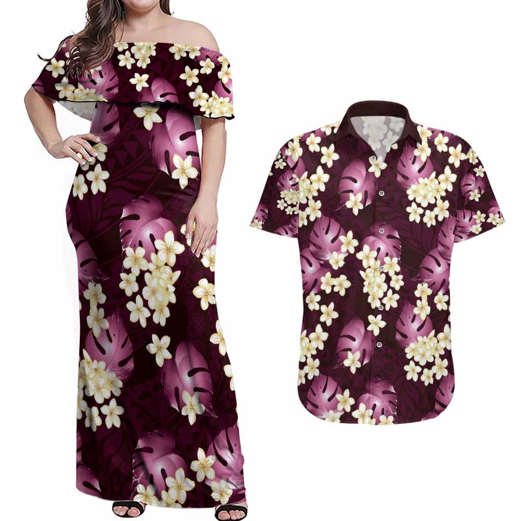 Pink Tropical Hawaii Couples Matching Off Shoulder Maxi Dress and Hawaiian Shirt Seamless Monstera Plumeria Hawaiian Pattern LT14 Pink - Polynesian Pride