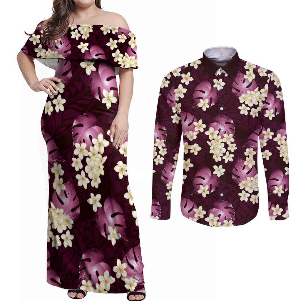 Pink Tropical Hawaii Couples Matching Off Shoulder Maxi Dress and Long Sleeve Button Shirt Seamless Monstera Plumeria Hawaiian Pattern - Polynesian Pride