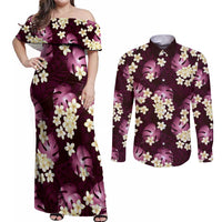 Pink Tropical Hawaii Couples Matching Off Shoulder Maxi Dress and Long Sleeve Button Shirt Seamless Monstera Plumeria Hawaiian Pattern - Polynesian Pride