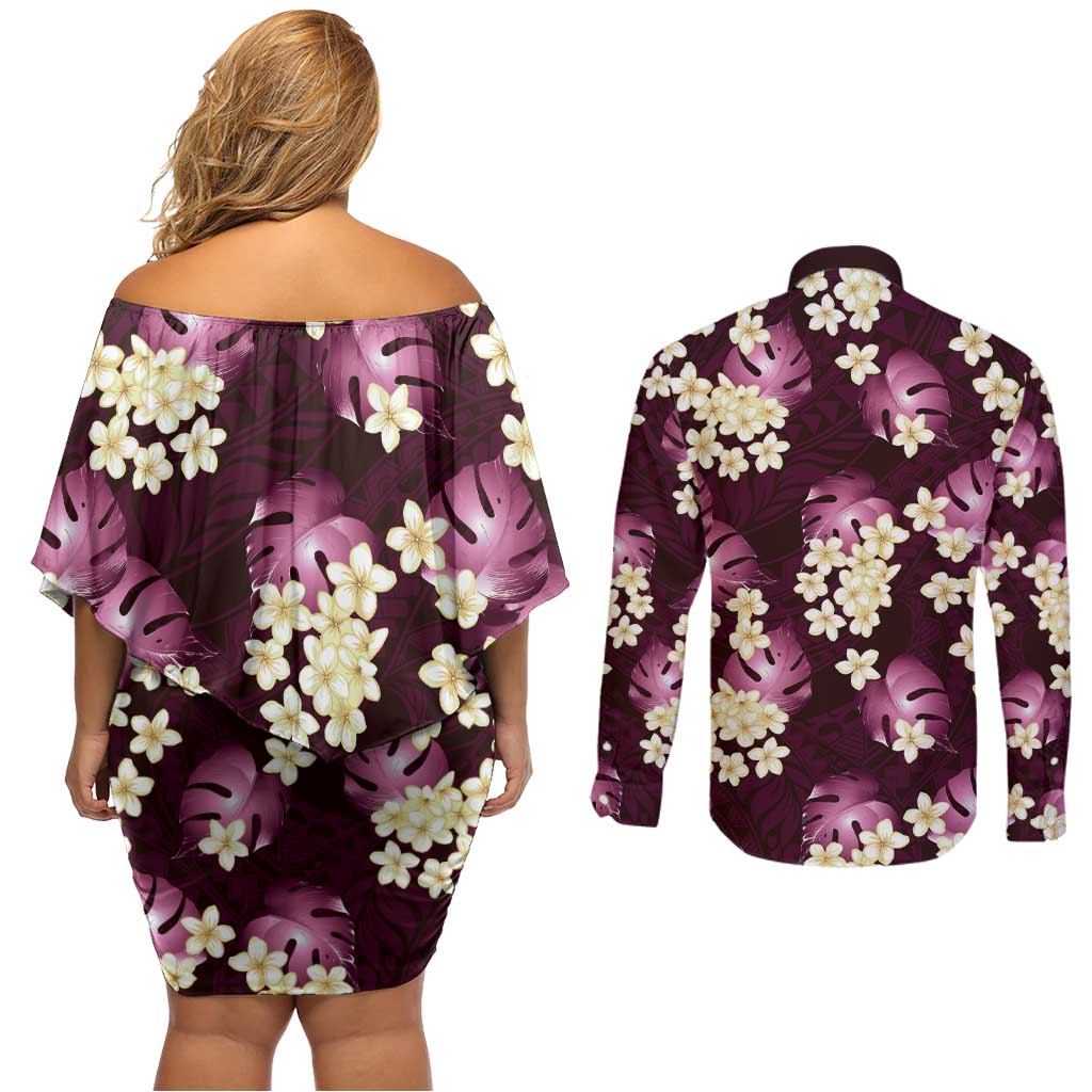 Pink Tropical Hawaii Couples Matching Off Shoulder Short Dress and Long Sleeve Button Shirt Seamless Monstera Plumeria Hawaiian Pattern - Polynesian Pride