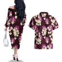 Pink Tropical Hawaii Couples Matching Off The Shoulder Long Sleeve Dress and Hawaiian Shirt Seamless Monstera Plumeria Hawaiian Pattern LT14 - Polynesian Pride