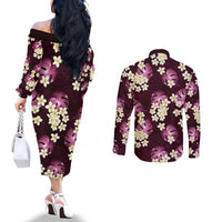 Pink Tropical Hawaii Couples Matching Off The Shoulder Long Sleeve Dress and Long Sleeve Button Shirt Seamless Monstera Plumeria Hawaiian Pattern LT14 - Polynesian Pride