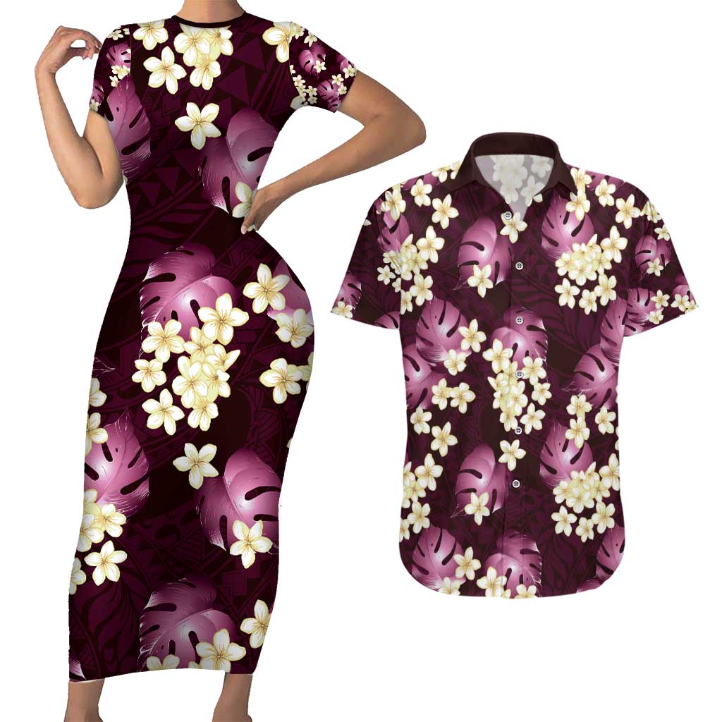 Pink Tropical Hawaii Couples Matching Short Sleeve Bodycon Dress and Hawaiian Shirt Seamless Monstera Plumeria Hawaiian Pattern - Polynesian Pride