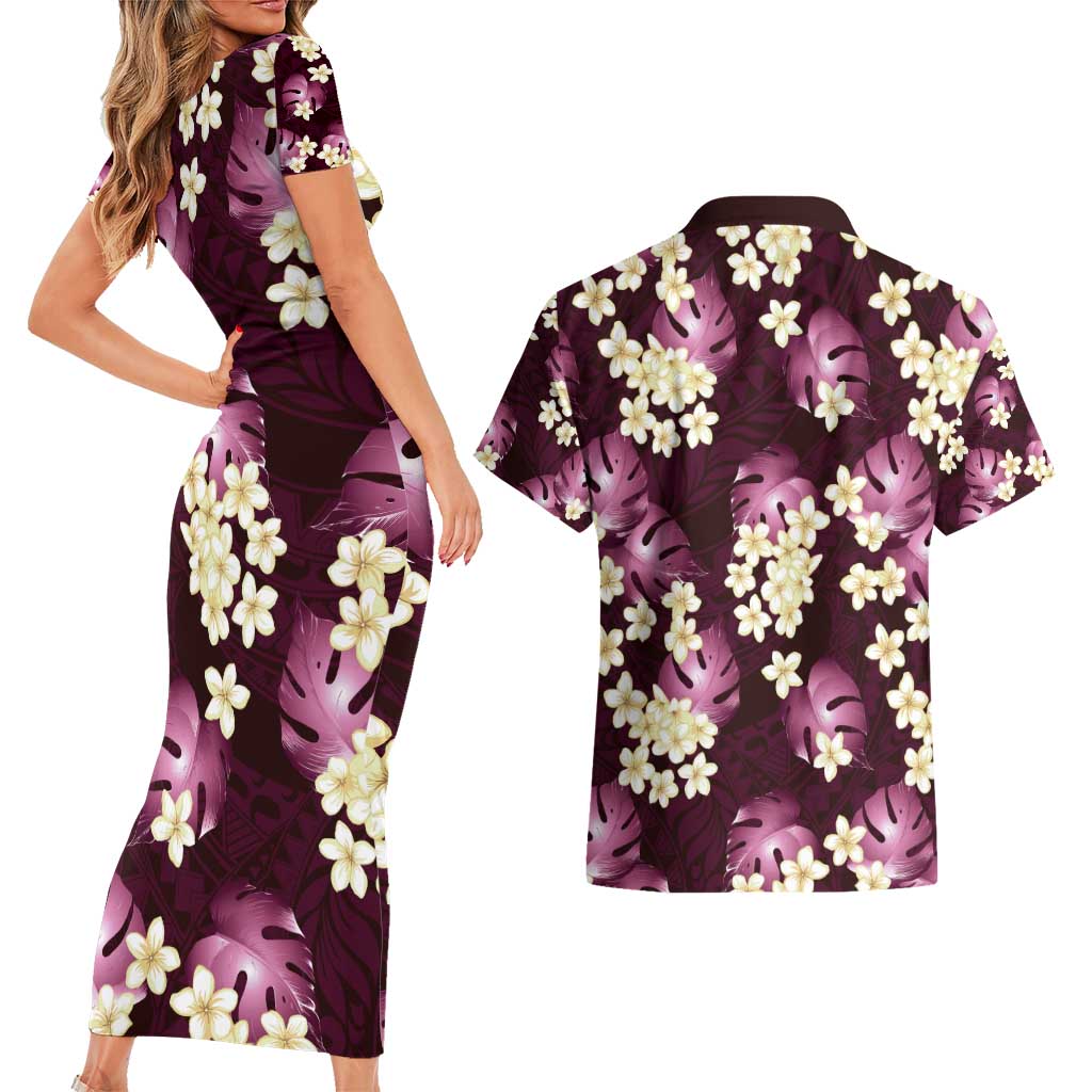 Pink Tropical Hawaii Couples Matching Short Sleeve Bodycon Dress and Hawaiian Shirt Seamless Monstera Plumeria Hawaiian Pattern LT14 - Polynesian Pride