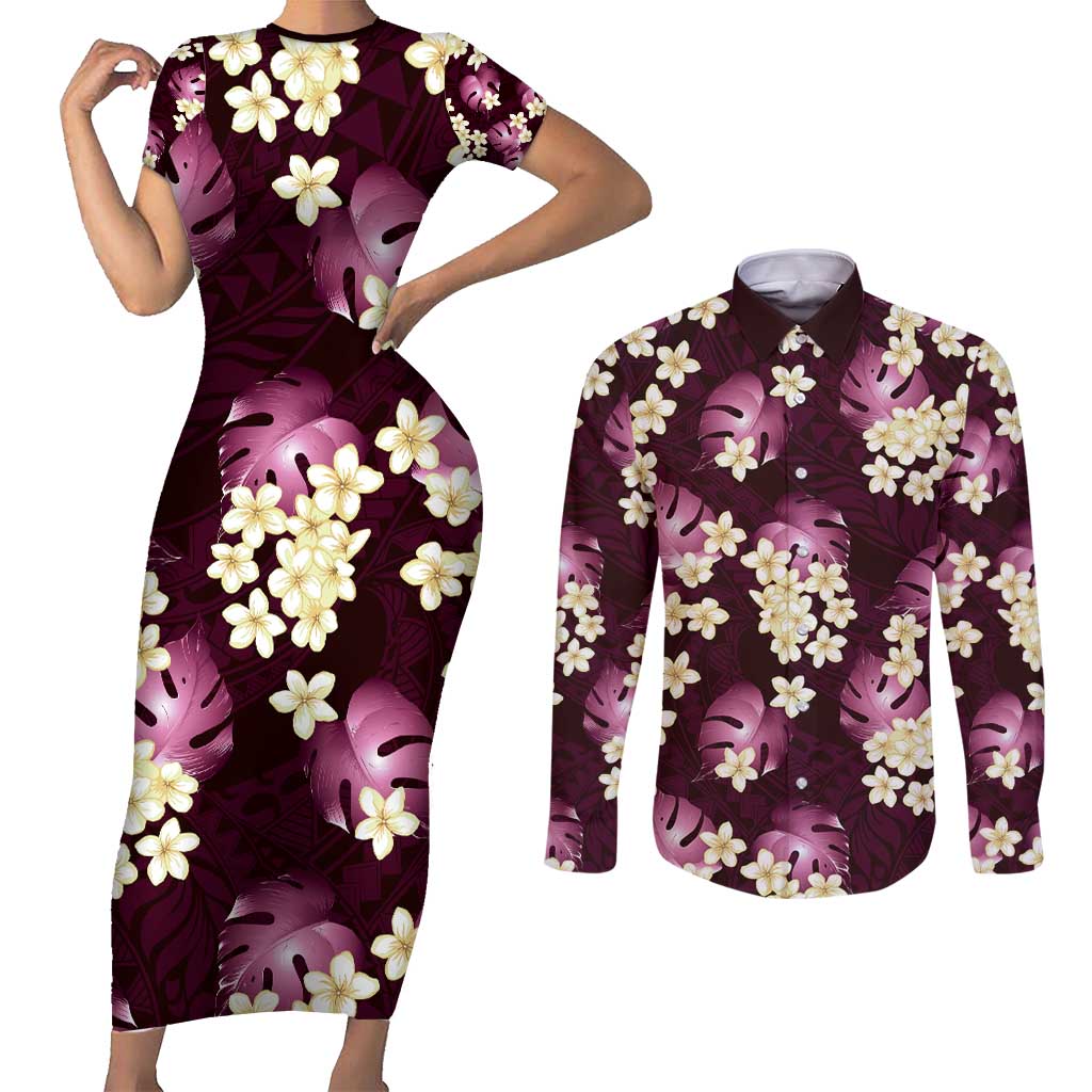 Pink Tropical Hawaii Couples Matching Short Sleeve Bodycon Dress and Long Sleeve Button Shirt Seamless Monstera Plumeria Hawaiian Pattern LT14 Pink - Polynesian Pride