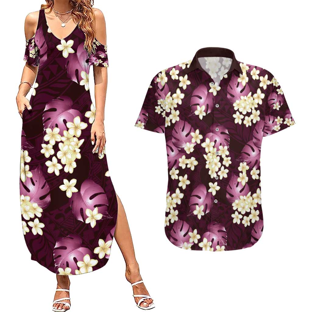 Pink Tropical Hawaii Couples Matching Summer Maxi Dress and Hawaiian Shirt Seamless Monstera Plumeria Hawaiian Pattern - Polynesian Pride