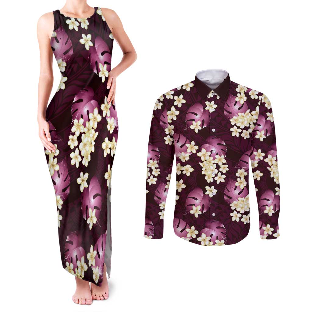 Pink Tropical Hawaii Couples Matching Tank Maxi Dress and Long Sleeve Button Shirt Seamless Monstera Plumeria Hawaiian Pattern LT14 Pink - Polynesian Pride