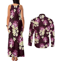 Pink Tropical Hawaii Couples Matching Tank Maxi Dress and Long Sleeve Button Shirt Seamless Monstera Plumeria Hawaiian Pattern LT14 - Polynesian Pride