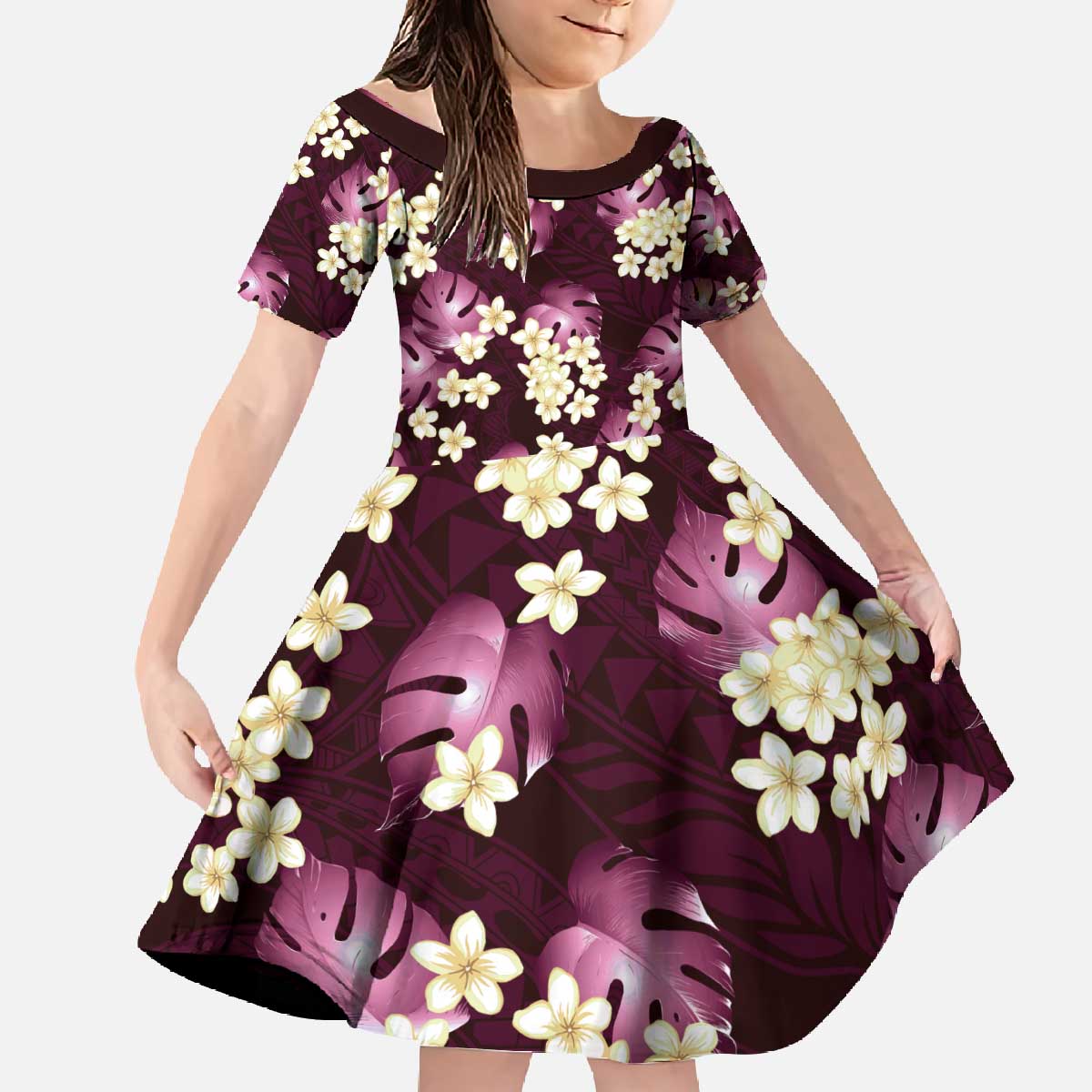 Pink Tropical Hawaii Family Matching Off The Shoulder Long Sleeve Dress and Hawaiian Shirt Seamless Monstera Plumeria Hawaiian Pattern LT14 Daughter's Dress Pink - Polynesian Pride
